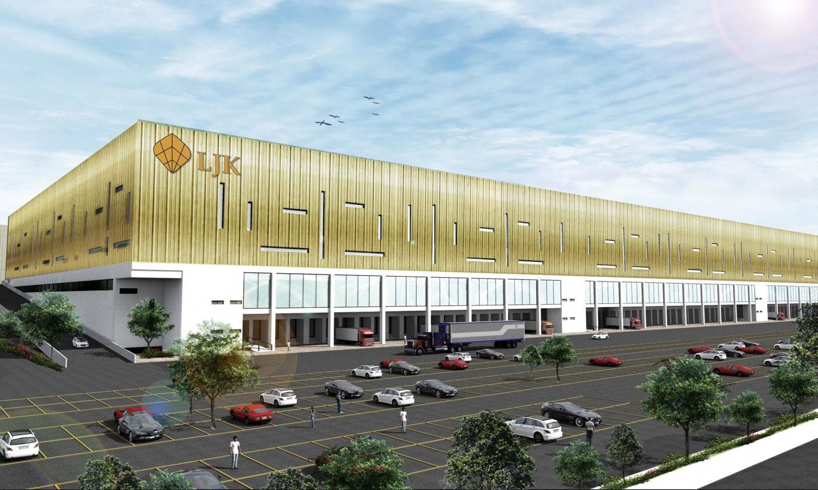 Artist's impression of an LJK logistics warehouse with a gold facade and loading docks